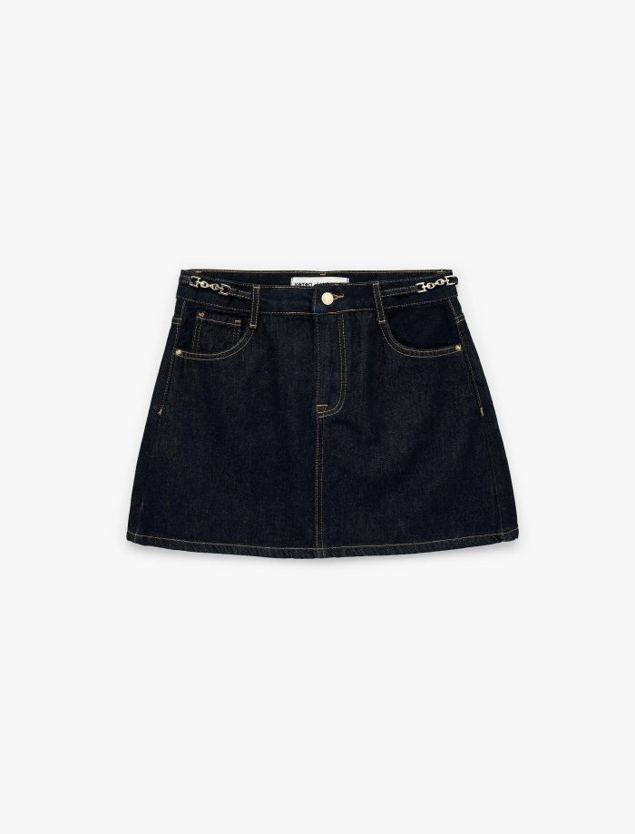 A Kesim Zincir Kemer Detaylı Mini Denim Etek - Görsel 4