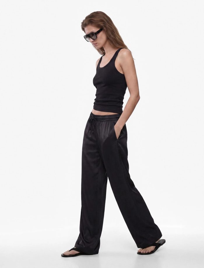 Aerobin Kumaş Beli Bağcıklı Geniş Paça Saten Pantolon - Görsel 2