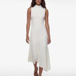 Asimetrik Slim Fit Dik Yaka Kolsuz Dantel Midi Elbise