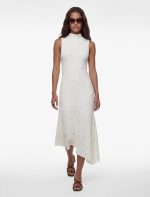 Asimetrik Slim Fit Dik Yaka Kolsuz Dantel Midi Elbise