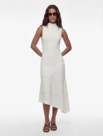 Asimetrik Slim Fit Dik Yaka Kolsuz Dantel Midi Elbise - Görsel 2