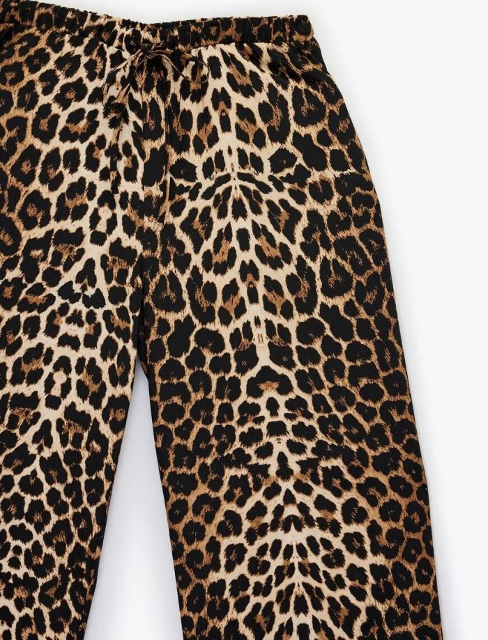 Beli Bağcıklı Cepli Leopar Desenli Geniş Paça Pantolon - Görsel 5
