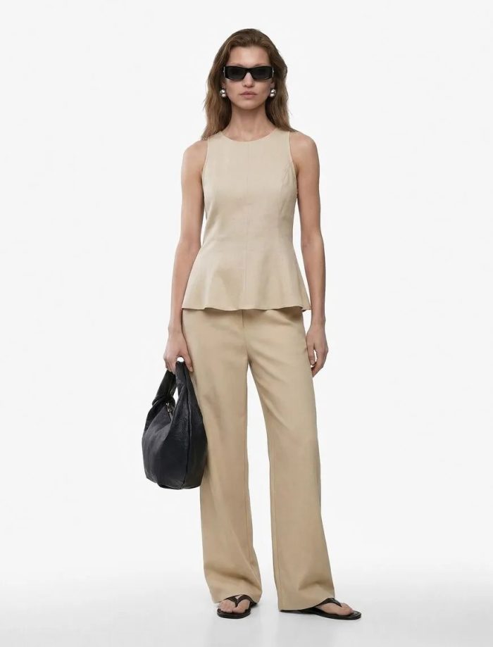 Bisiklet Yaka Kolsuz Peplum Keten Bluz - Görsel 3