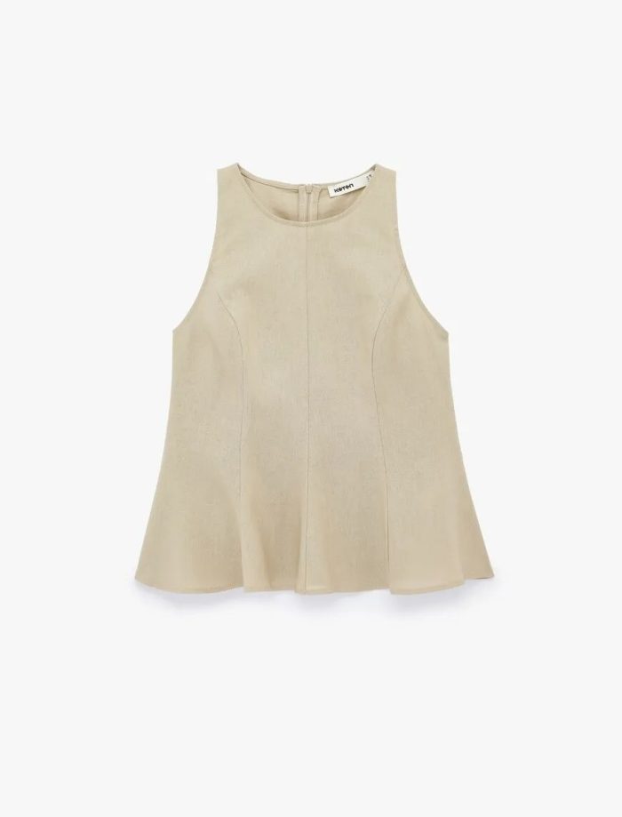 Bisiklet Yaka Kolsuz Peplum Keten Bluz - Görsel 4