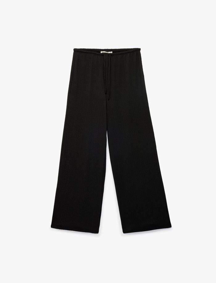 Bürümcük Kumaş Beli Bağcıklı Düz Geniş Paça Pantolon - Görsel 4