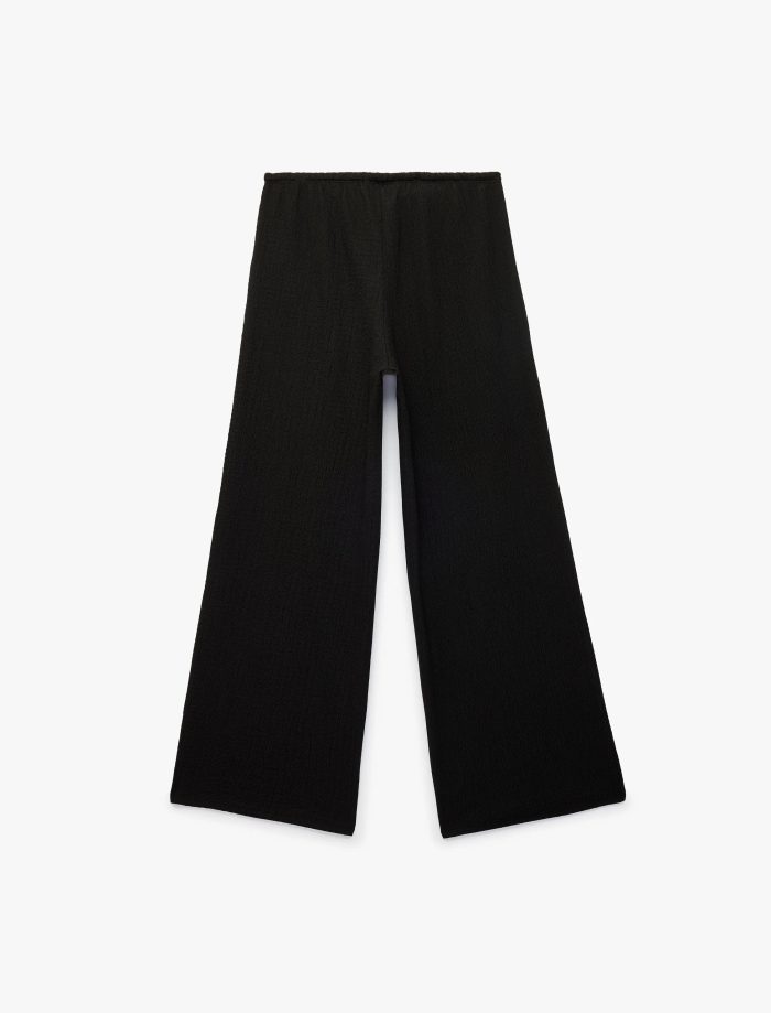 Bürümcük Kumaş Beli Bağcıklı Düz Geniş Paça Pantolon - Görsel 5