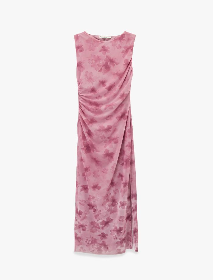 Dik Yaka Kolsuz Drapeli Bodycon Yırtmaçlı Çiçekli Uzun Tül Elbise - Görsel 3