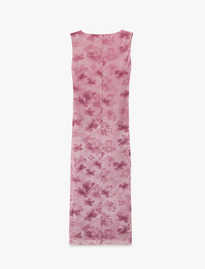 Dik Yaka Kolsuz Drapeli Bodycon Yırtmaçlı Çiçekli Uzun Tül Elbise - Görsel 4