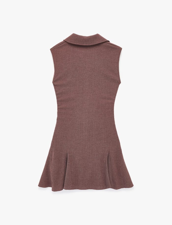Düğmeli Büzgülü Volanlı Kolsuz Viskon Karışımlı Mini Gömlek Elbise - Görsel 4