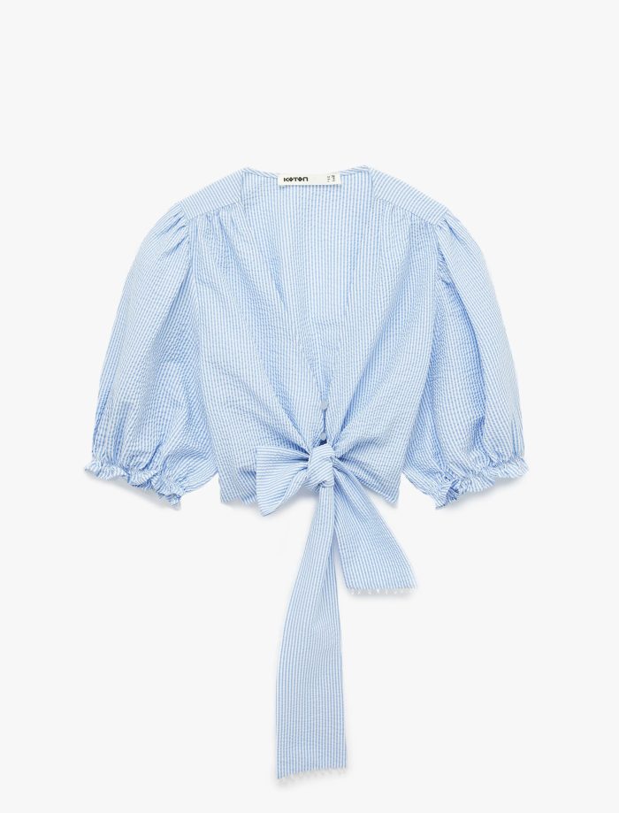 Fırfırlı Kısa Balon Kollu Önden Bağlama Detaylı V Yaka Çizgili Crop Bluz - Görsel 3