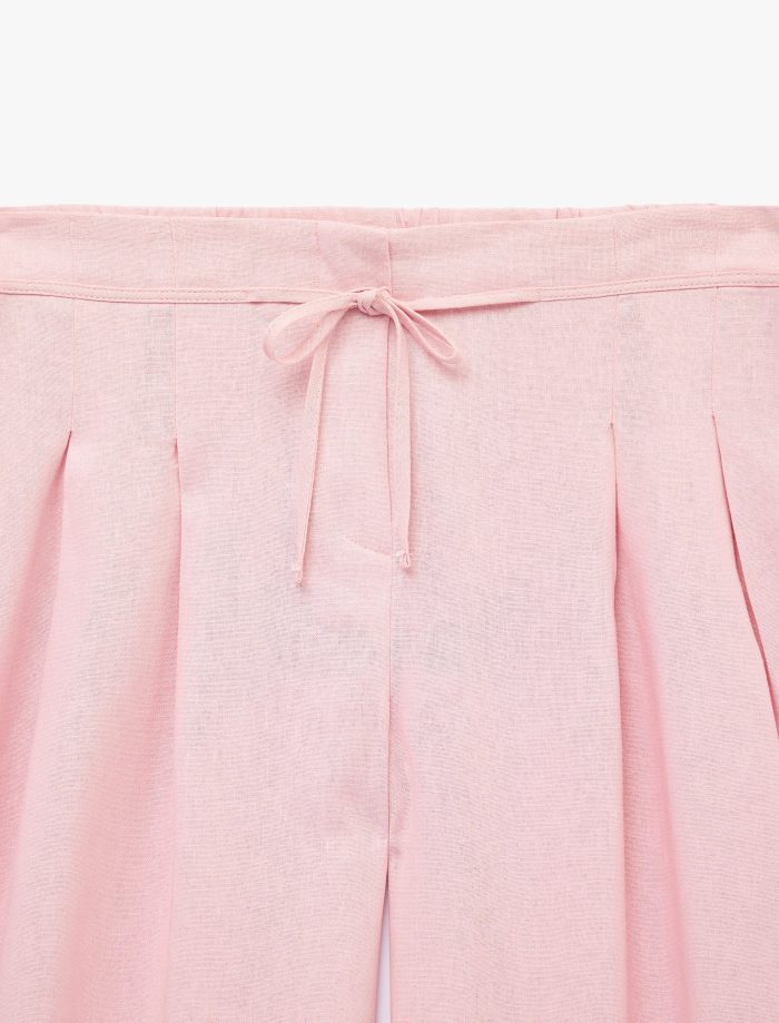 Geniş Paça Pileli Cepli Beli Bağcıklı Pantolon - Görsel 3
