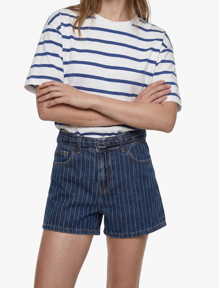 Kemer Detaylı Çizgili Regular Fit Pamuklu Mini Denim Şort - Görsel 2