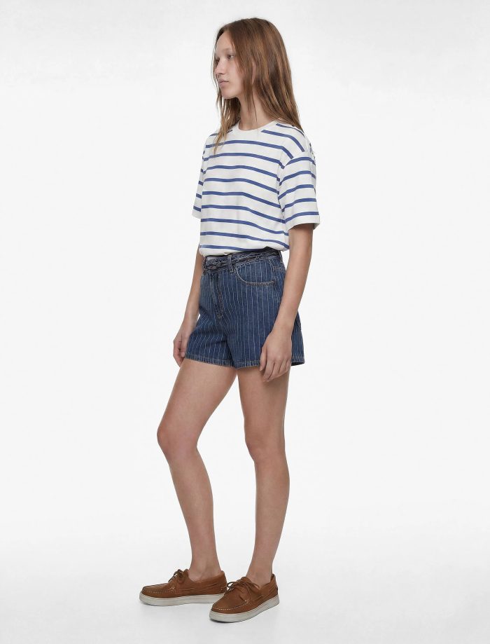 Kemer Detaylı Çizgili Regular Fit Pamuklu Mini Denim Şort - Görsel 3