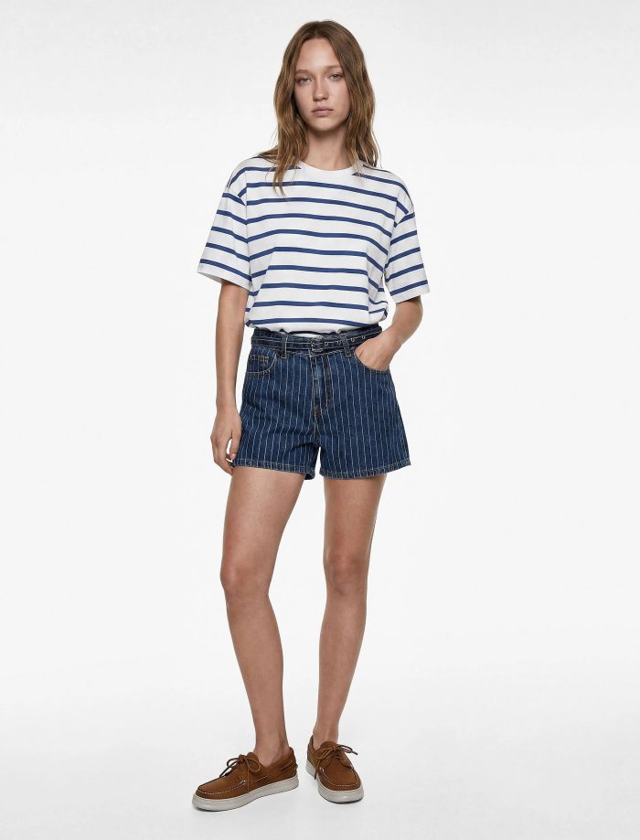 Kemer Detaylı Çizgili Regular Fit Pamuklu Mini Denim Şort - Görsel 4