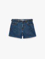 Kemer Detaylı Çizgili Regular Fit Pamuklu Mini Denim Şort - Görsel 5