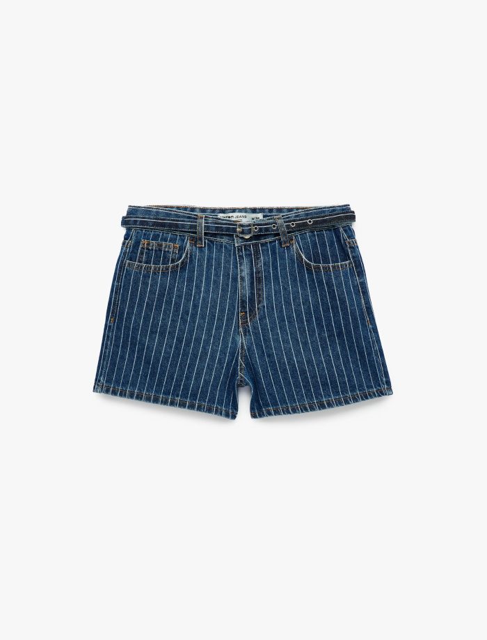 Kemer Detaylı Çizgili Regular Fit Pamuklu Mini Denim Şort - Görsel 5