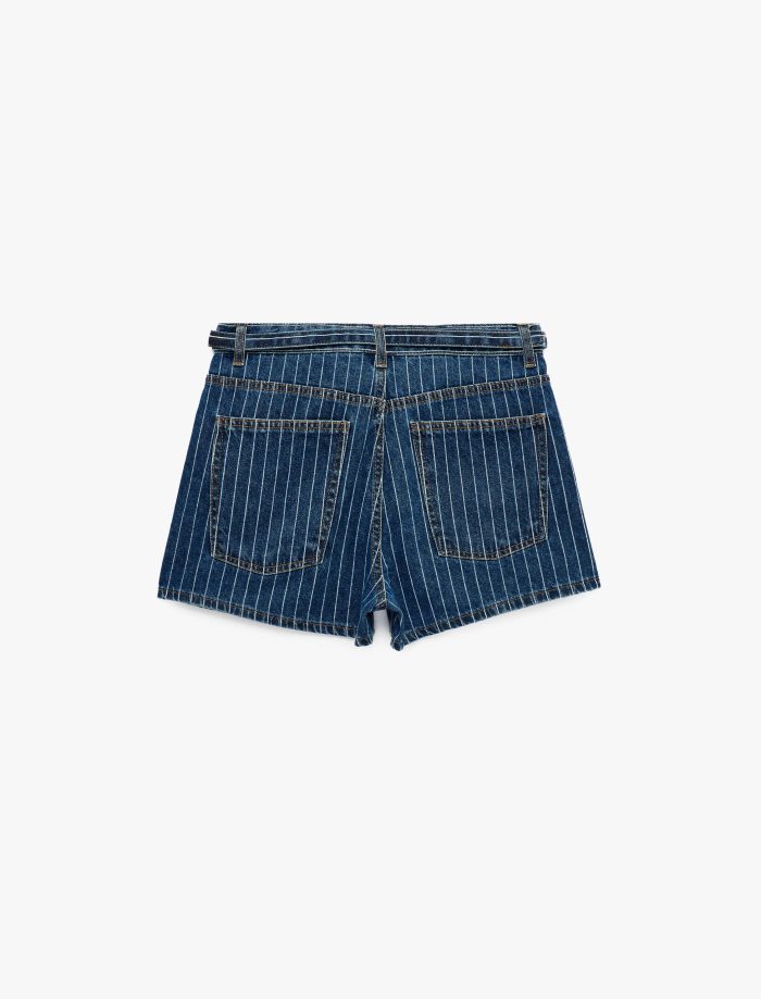 Kemer Detaylı Çizgili Regular Fit Pamuklu Mini Denim Şort - Görsel 6