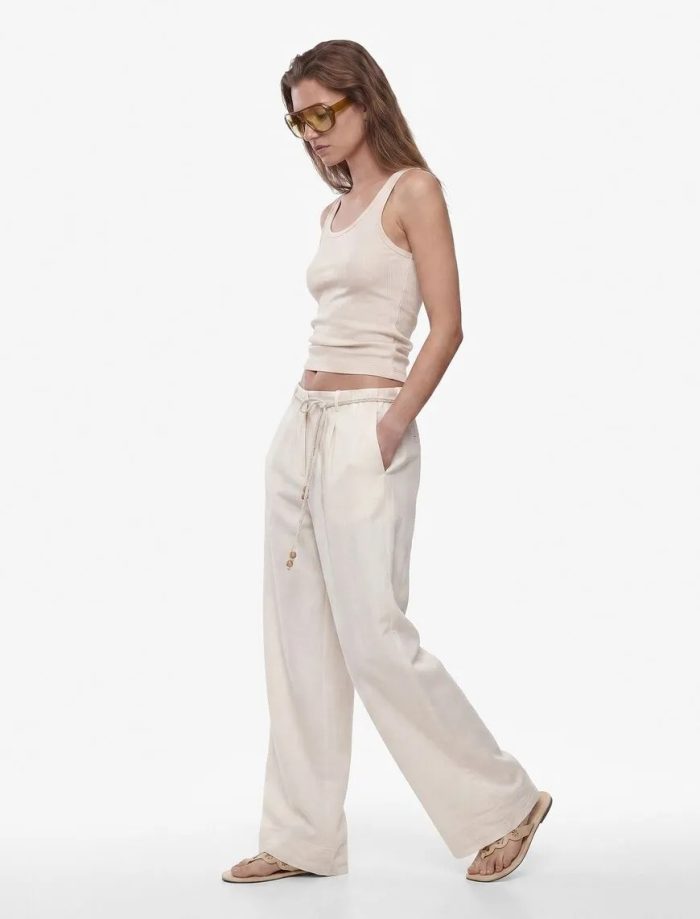 Keten Görünümlü Cepli Kemerli Geniş Paça Pantolon - Görsel 3