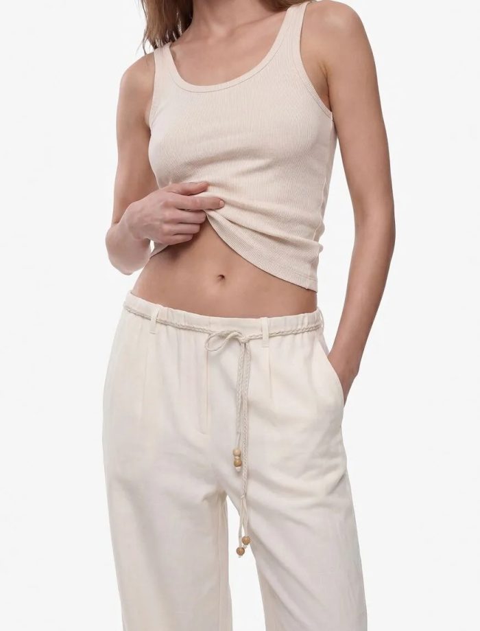 Keten Görünümlü Cepli Kemerli Geniş Paça Pantolon - Görsel 4