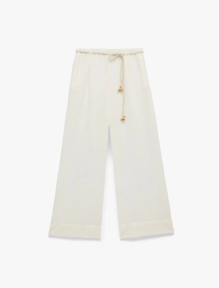 Keten Görünümlü Cepli Kemerli Geniş Paça Pantolon - Görsel 5
