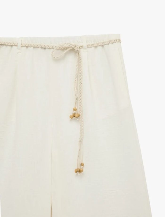 Keten Görünümlü Cepli Kemerli Geniş Paça Pantolon - Görsel 7