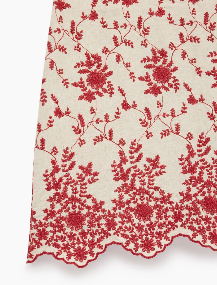 Keten Karışımlı Brodeli Floral Nakış Detaylı A Kesim Mini Etek - Görsel 5