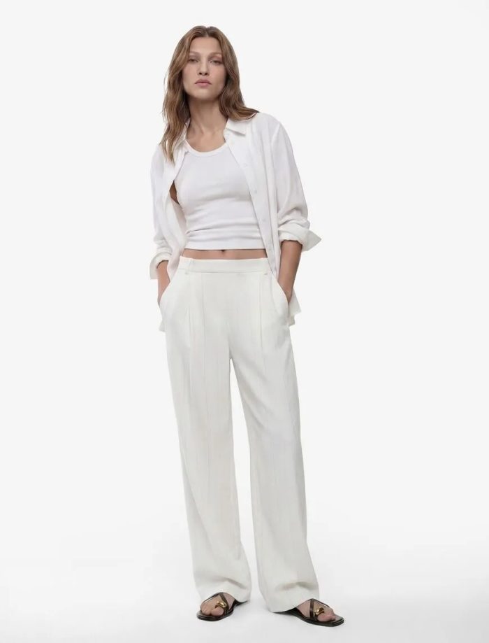 Keten Karışımlı Straight Fit Uzun Düz Geniş Paça Pantolon - Görsel 3