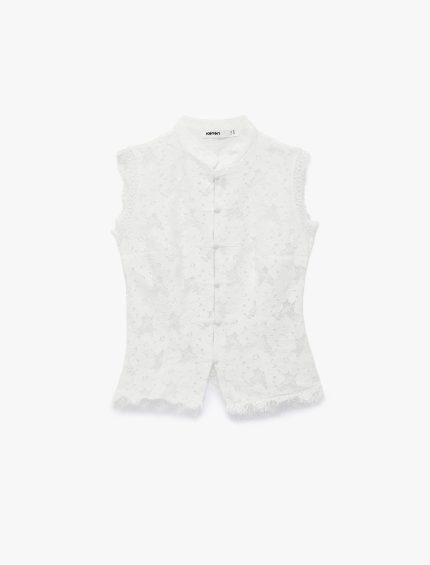 Kolsuz Floral Dokulu Dik Qipao Yaka Güpür Dantel Bluz
