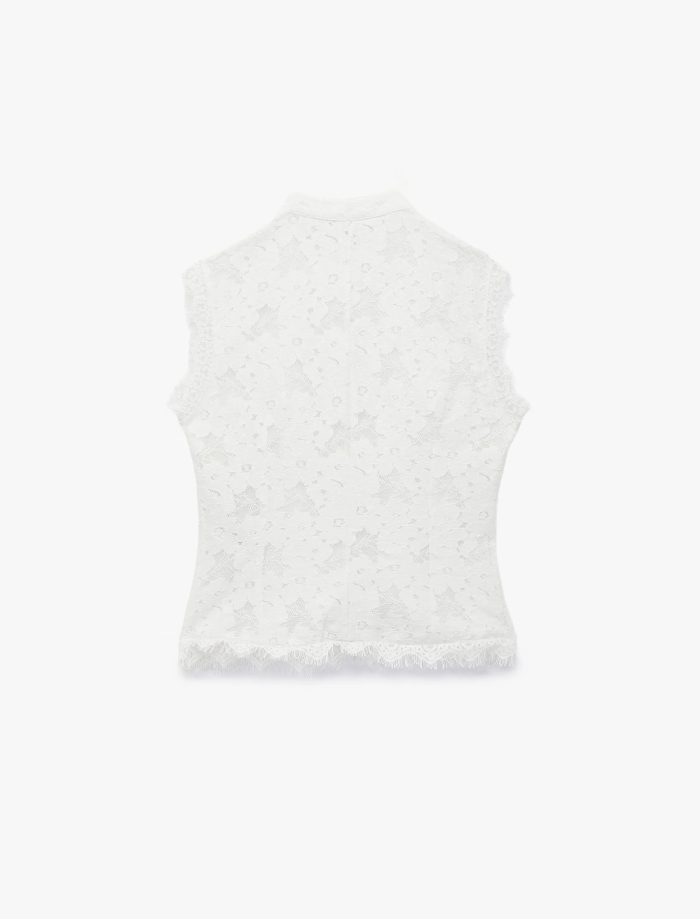 Kolsuz Floral Dokulu Dik Qipao Yaka Güpür Dantel Bluz - Görsel 2