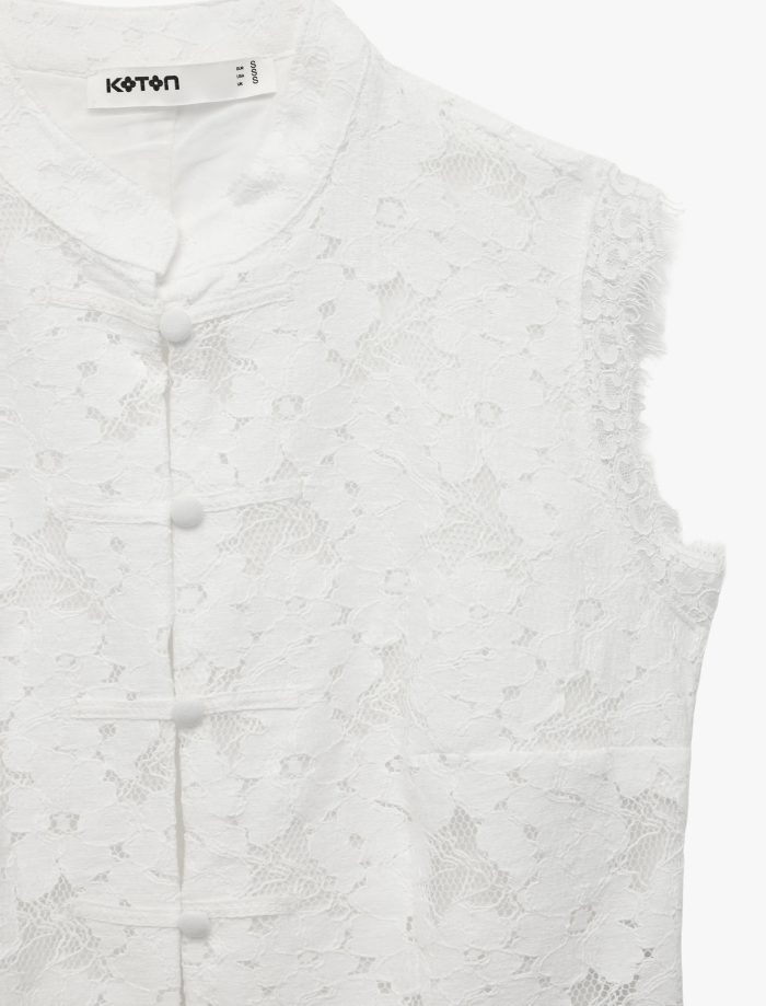Kolsuz Floral Dokulu Dik Qipao Yaka Güpür Dantel Bluz - Görsel 3