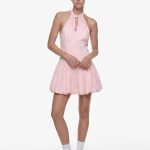 Kolsuz Slim Fit Fiyonk Detaylı Halter Yaka Mini Balon Elbise