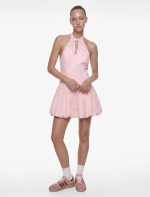 Kolsuz Slim Fit Fiyonk Detaylı Halter Yaka Mini Balon Elbise