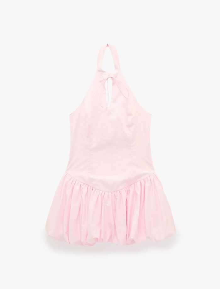 Kolsuz Slim Fit Fiyonk Detaylı Halter Yaka Mini Balon Elbise - Görsel 3