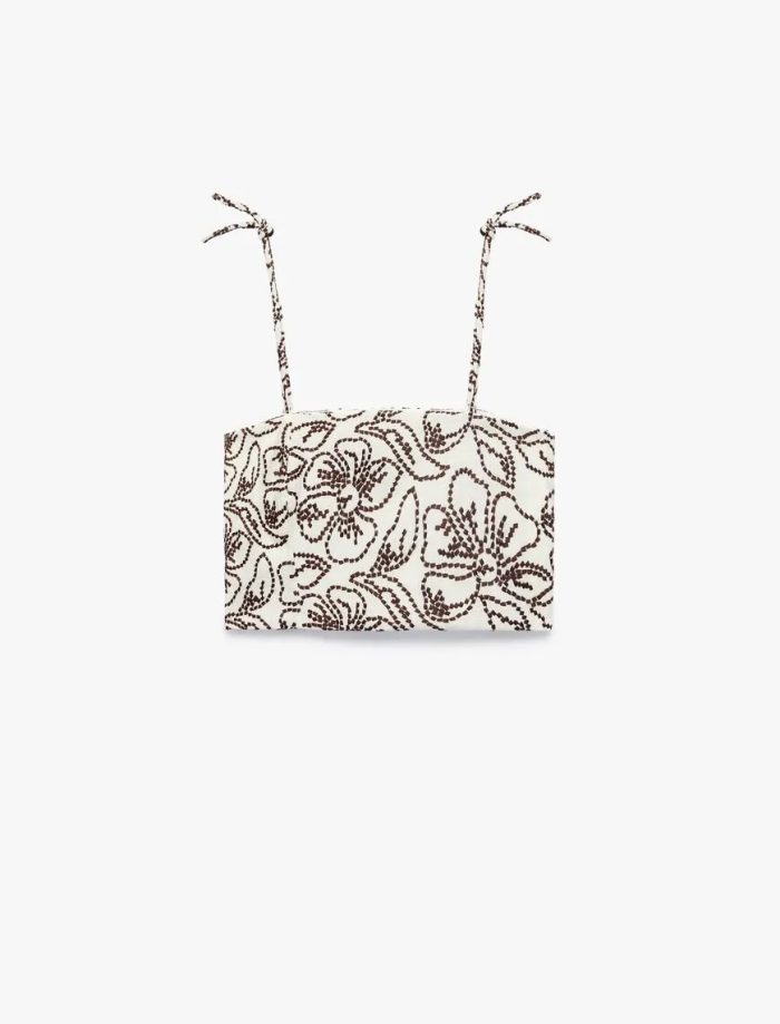 Koton X Melis Ağazat - Keten Karışımlı Floral Nakış Detaylı Bağlamalı İp Askılı Crop Büstiyer - Görsel 4