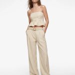 Koton X Melis Ağazat - Slim Fit Keten Karışımlı Fırfırlı Çizgili Straplez Crop Korse Büstiyer