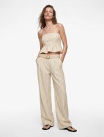 Koton X Melis Ağazat - Slim Fit Keten Karışımlı Fırfırlı Çizgili Straplez Crop Korse Büstiyer