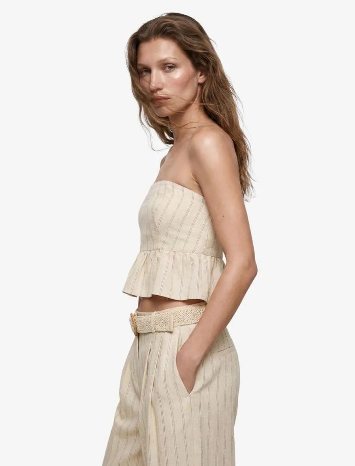 Koton X Melis Ağazat - Slim Fit Keten Karışımlı Fırfırlı Çizgili Straplez Crop Korse Büstiyer - Görsel 2