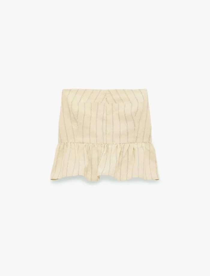 Koton X Melis Ağazat - Slim Fit Keten Karışımlı Fırfırlı Çizgili Straplez Crop Korse Büstiyer - Görsel 3