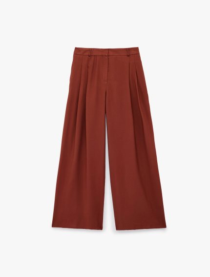 Koton X Melis Ağazat - Viskon Kumaş Cepli Çift Pile Detaylı Düz Geniş Paça Baggy Pantolon