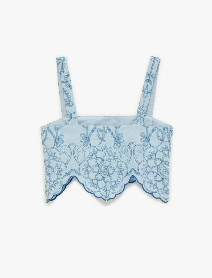 Koton X Sibil Çetinkaya - Pamuklu Asimetrik Kesim Kare Yaka Askılı Nakışlı Brodeli Crop Büstiyer - Görsel 4