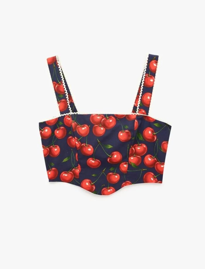 Koton X Sibil Çetinkaya - Pamuklu Poplin Dantel Detaylı Kiraz Baskılı Askılı Crop Büstiyer - Görsel 5