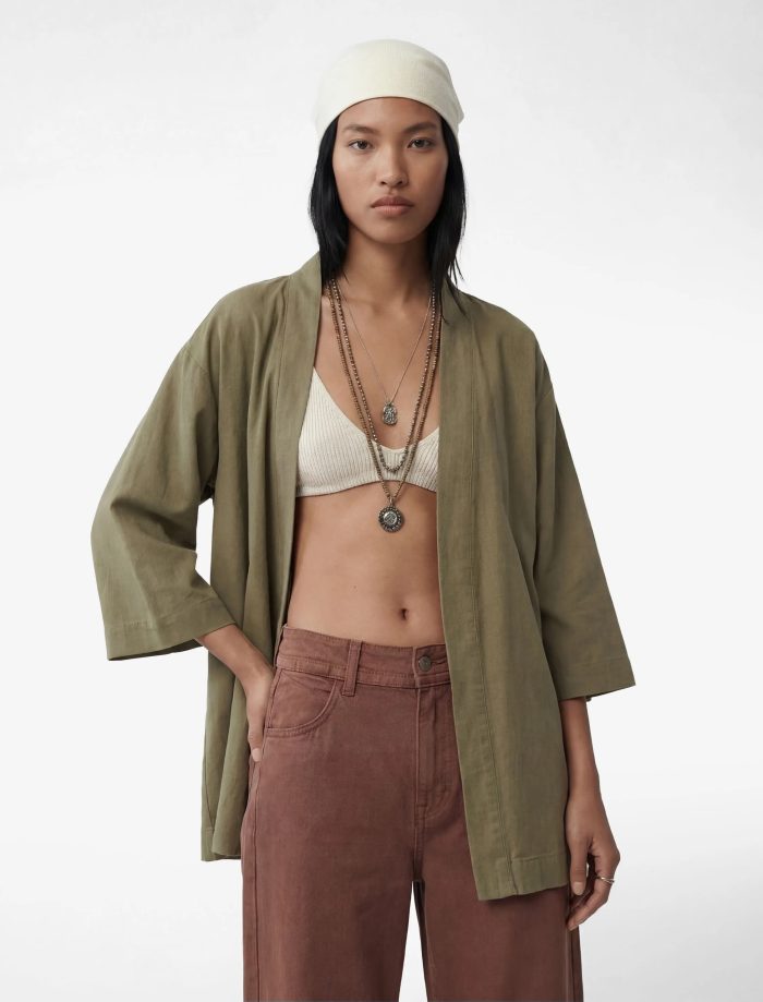 Kupro Viskon Kumaş Cepli 3/4 Kol Oversize Kimono - Görsel 2