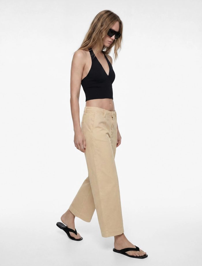 Normal Bel Cep Detaylı Nervürlü Kısa Geniş Paça Pantolon - Culotte Jeans - Görsel 4