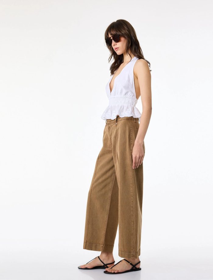 Normal Bel Cep Detaylı Nervürlü Kısa Geniş Paça Pantolon - Culotte Jeans - Görsel 3