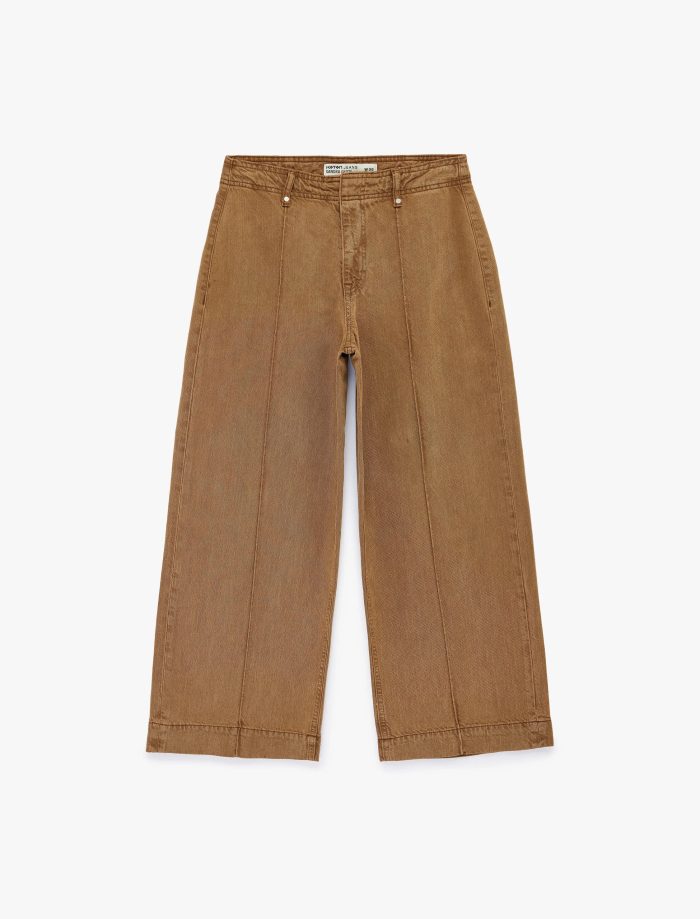 Normal Bel Cep Detaylı Nervürlü Kısa Geniş Paça Pantolon - Culotte Jeans - Görsel 9