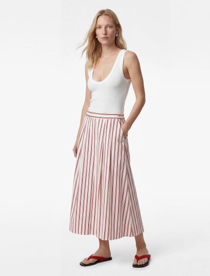 Pamuklu Cepli Kloş Midi Çizgili Poplin Etek