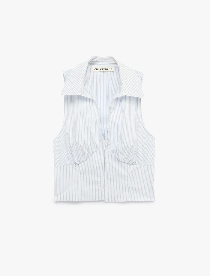 Pamuklu Fermuarlı Kolsuz Klasik Yaka Çizgili Crop Korse Bluz - Görsel 3