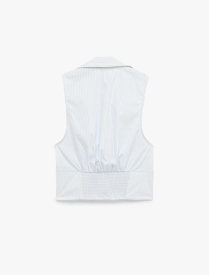Pamuklu Fermuarlı Kolsuz Klasik Yaka Çizgili Crop Korse Bluz - Görsel 4