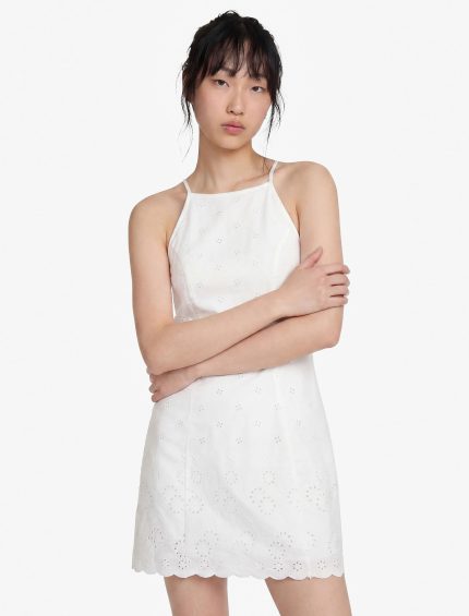 Pamuklu Halter Yaka Nakışlı Bodycon Mini Fisto Elbise