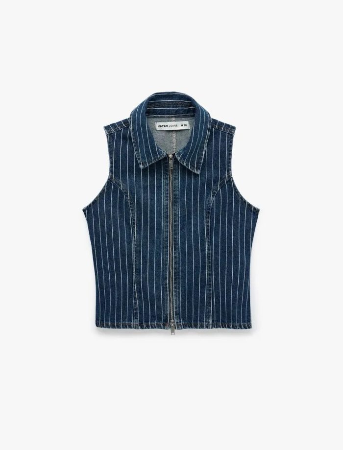 Pamuklu Rahat Kalıp Kolsuz Klasik Yaka Fermuarlı Denim Yelek - Görsel 3